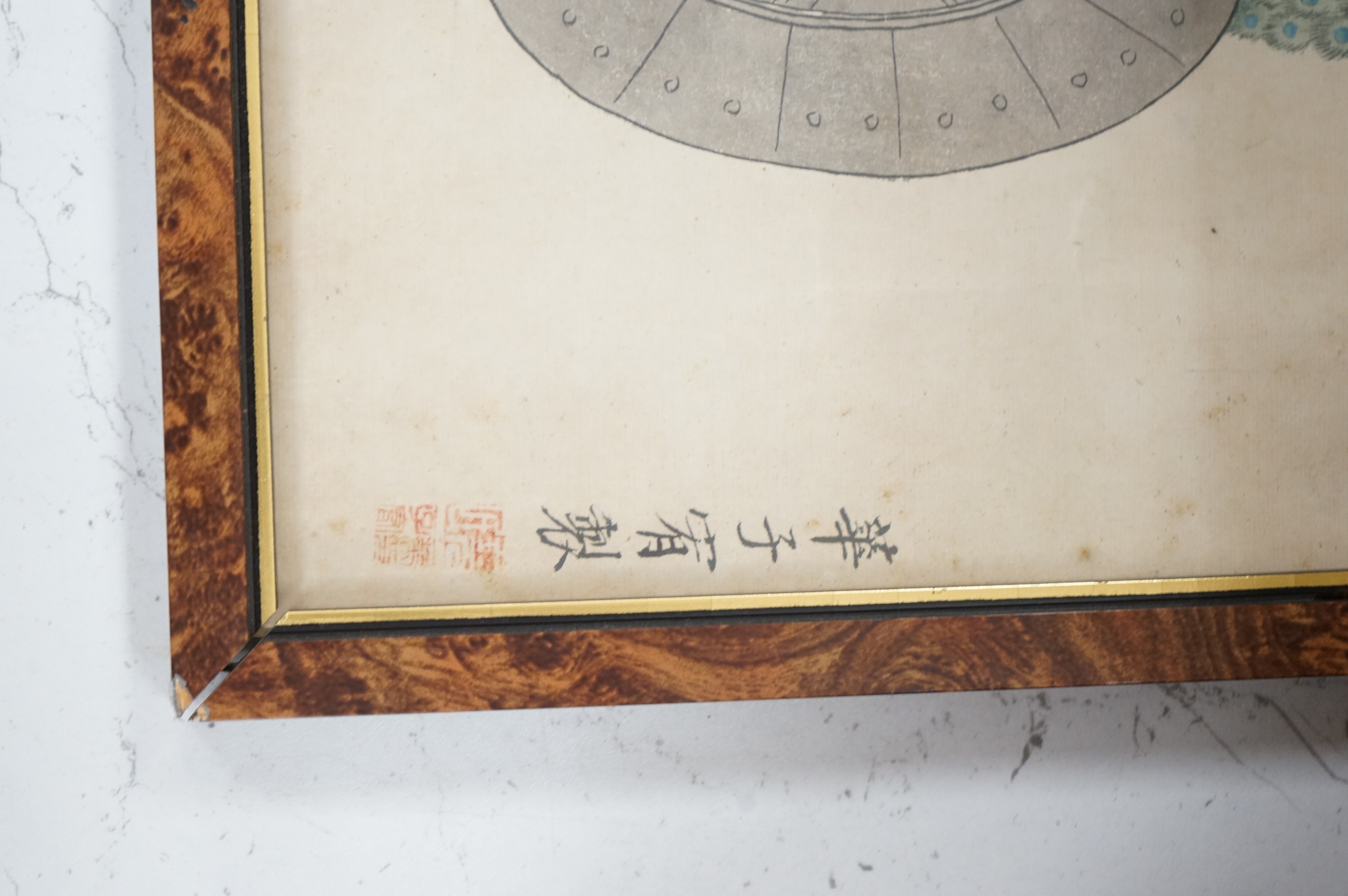 19th century, Chinese School, Figural and animal studies, three watercolours on printed bases, with character marks, 29 x 42cm